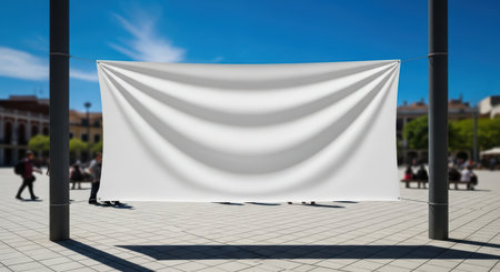 Large white blank canvas in urban public square on a sunny dayの素材