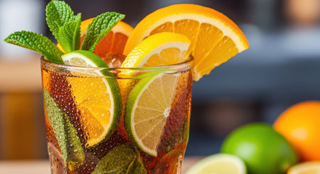 Refreshing citrus beverage with mint and ice in a tall glassの素材