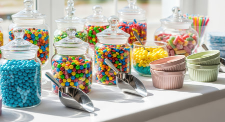 Colorful candy buffet display in glass jars with scoops and bowlsの素材