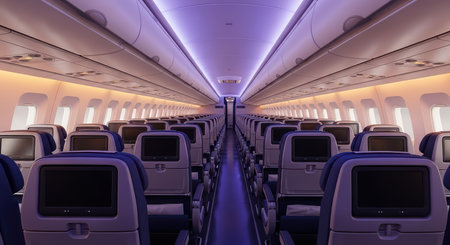 Modern airplane interior with purple lighting and empty seatsの素材