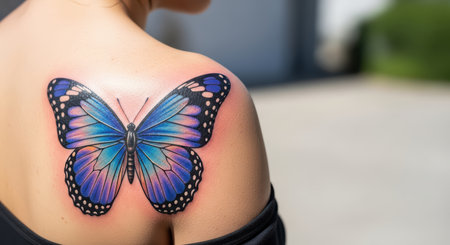 Vibrant blue butterfly tattoo on female shoulder in sunlightの素材