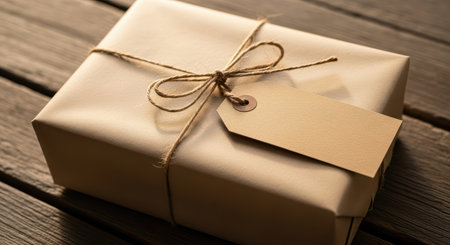 Rustic gift box with twine and blank tag on wooden tableの素材