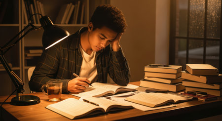 Young african male studying at desk with books and tea in cozy evening settingの素材