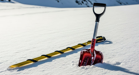 Red snow shovel and yellow ice probe in pristine winter landscapeの素材