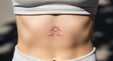 Minimalist sun symbol tattoo on female's abdomen with white clothingの素材