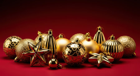 Gold christmas ornaments on red background with various festive designsの素材