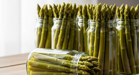 Fresh asparagus stalks in glass jars on wooden tableの素材