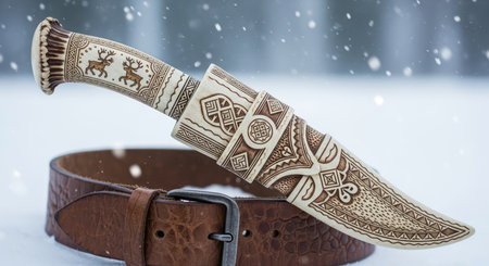 Carved wooden knife with leather belt in snowy winter sceneの素材