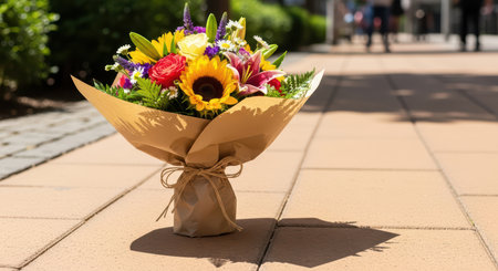 Colorful floral bouquet on sunlit urban sidewalkの素材