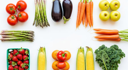 Fresh and colorful assortment of fruits and vegetables on white backgroundの素材