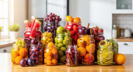 Assorted fresh fruits in glass jars on wooden kitchen countertopの素材