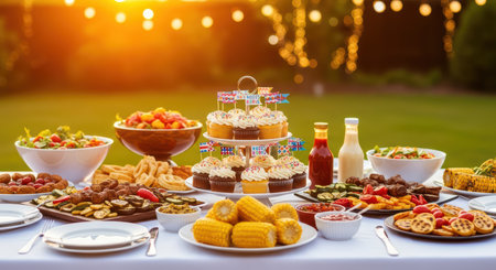 Outdoor backyard summer barbecue with decorations at sunsetの素材