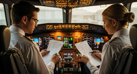 Male and female pilots reviewing documents in modern cockpitの素材