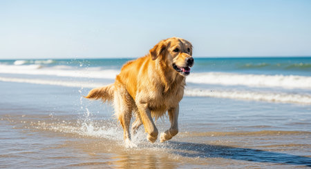 Golden retriever joyfully running along the beach shoreline in sunlightの素材