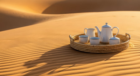 Tea set on woven tray in serene desert dunes at sunsetの素材