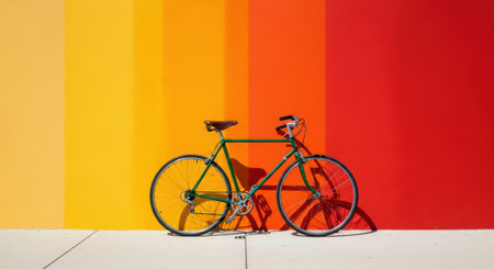 Green bicycle against vibrant colorful wall with striped gradient backgroundの素材