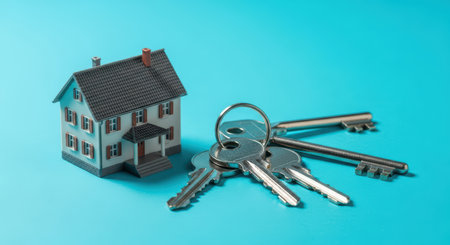 House model and keys on blue background symbolizing real estate and homeownershipの素材