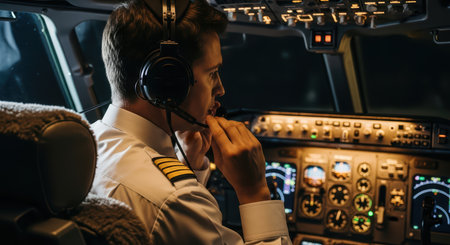 Caucasian male pilot in cockpit operating aircraft controls at nightの素材