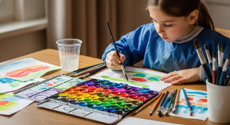 Young caucasian girl engaged in watercolor painting with art supplies on tableの素材