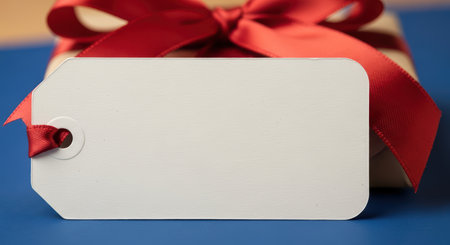 Blank gift tag on wrapped present with red ribbon on blue backgroundの素材