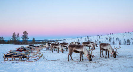 Reindeer grazing in snowy landscape at dusk with sleds in laplandの素材
