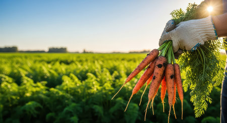 Freshly harvested organic carrots in sunlit green fieldの素材