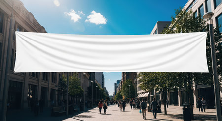 Blank white banner over a busy urban street with people walkingの素材