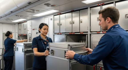 Asian female and caucasian male flight attendants organizing in airplane galleyの素材