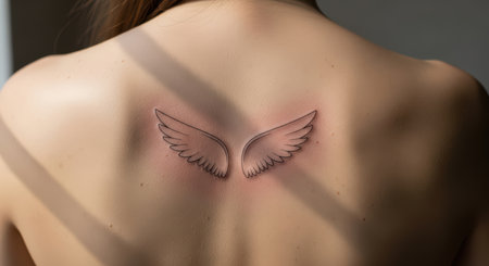 Minimalist wing tattoo on female shoulder blade: artistic body art designの素材