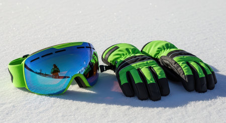 Vibrant green snow goggles and gloves on pristine snowの素材