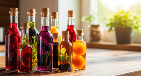 Vibrant jars of fruit-infused liquors on wooden table with sunlightの素材