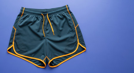 Green sports shorts with orange trim on blue backgroundの素材