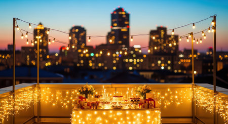 Romantic rooftop celebration with lights and city skyline at duskの素材