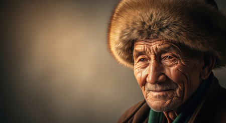 Elderly asian male wearing fur hat with warm smile in soft lightingの素材