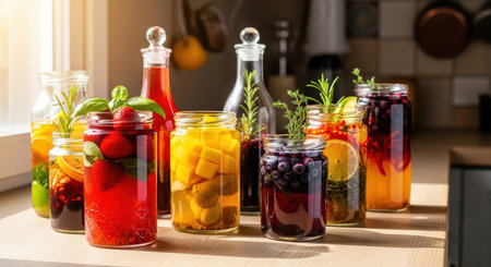 Assorted infused water jars with fresh fruits and herbs in sunlit kitchenの素材