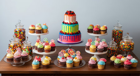 Colorful dessert table with tiered cake and cupcakes at a candy-themed partyの素材
