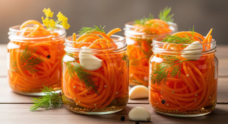 Jarred pickled carrots with garlic, dill, mustard seed, and peppercorns on wooden tableの素材