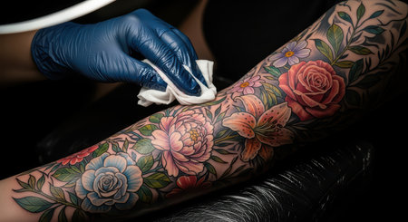 Colorful floral tattoo sleeve on woman's arm during inking processの素材