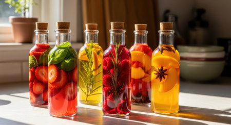 Sunlit assorted fruit and herb infused water bottles on a kitchen counterの素材
