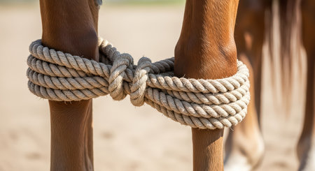 Close-up of rope bound around horse legs in outdoor settingの素材