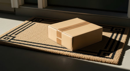 Sunlit cardboard package on welcome mat outside doorの素材