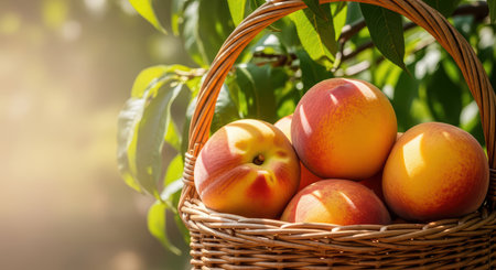 Fresh ripe peaches in a woven basket under sunlightの素材