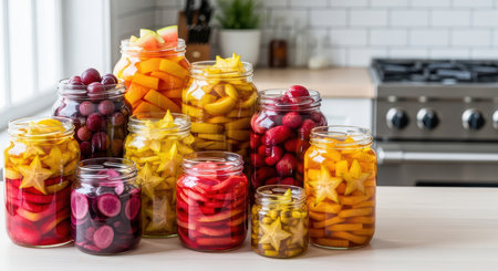 Assorted pickled fruits and vegetables in jars on kitchen counterの素材