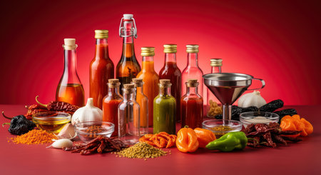 Assorted hot sauces, spices, and peppers on red backgroundの素材