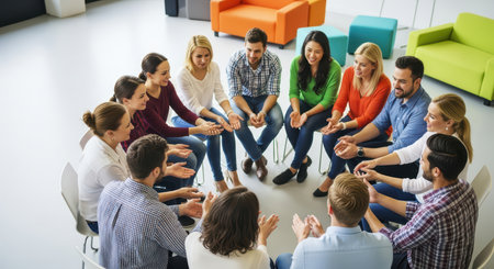 Diverse group of adults engaging in team building activity in bright office settingの素材