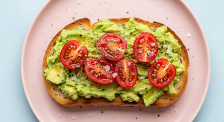 Avocado toast with cherry tomatoes on pink plateの素材