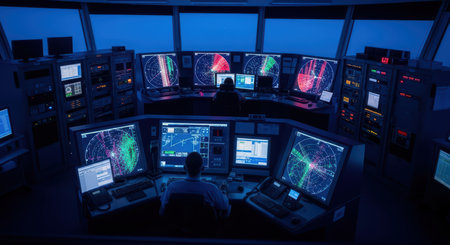 Male operators monitor advanced radar systems in high-tech control roomの素材