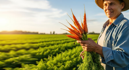 Mature caucasian female farmer holding freshly harvested carrots in sunlit fieldの素材