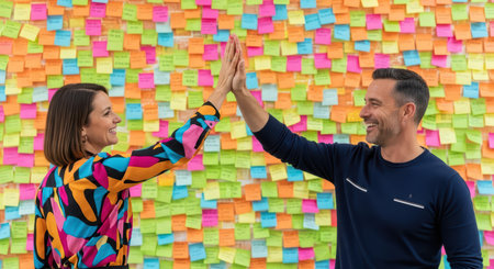 Caucasian adults high-fiving in front of colorful sticky note wallの素材