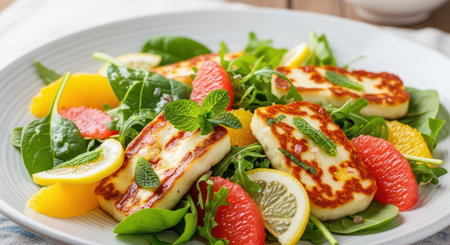 Fresh halloumi salad with citrus fruits and spinach garnished with mintの素材